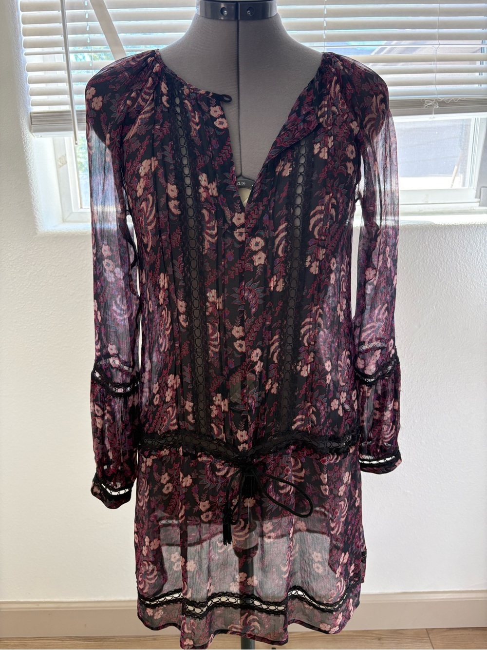 Sheer Floral Tie-Waist Dress in Black and Plum